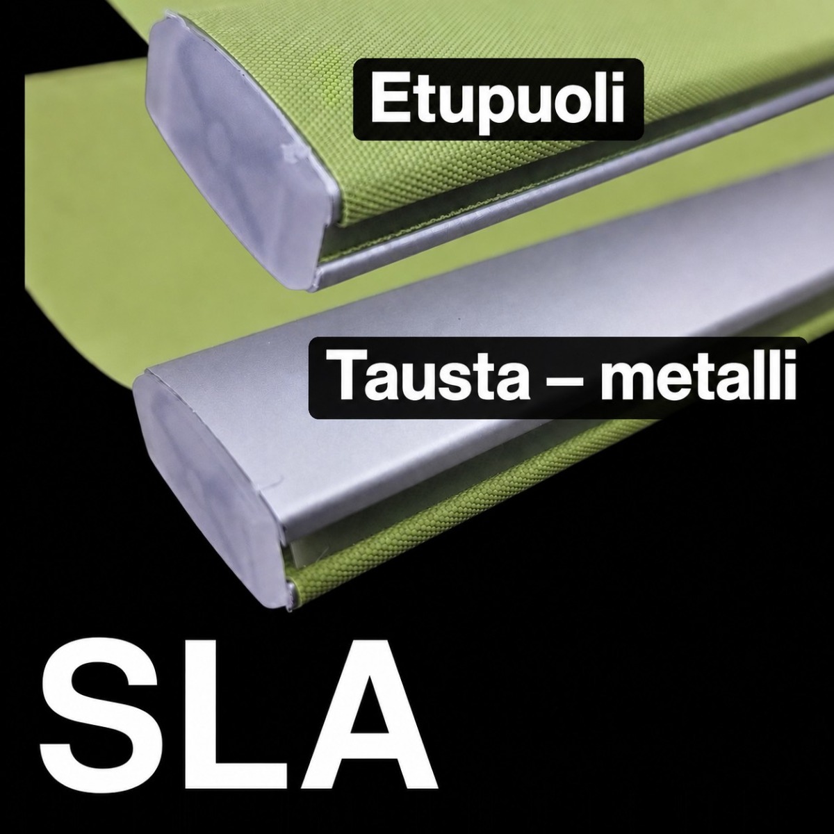 SLA – Integroitu alalista. Hopeinen metallitausta. Etupuoli on verhokangasta, tausta hopeanväristä metallia. Kuvassa sama alalista edestä ja takaa.